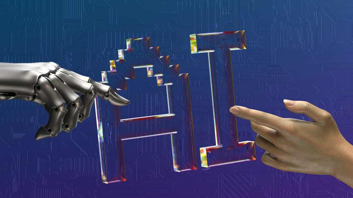 A robot hand and a human hand reaching towards the letters AI