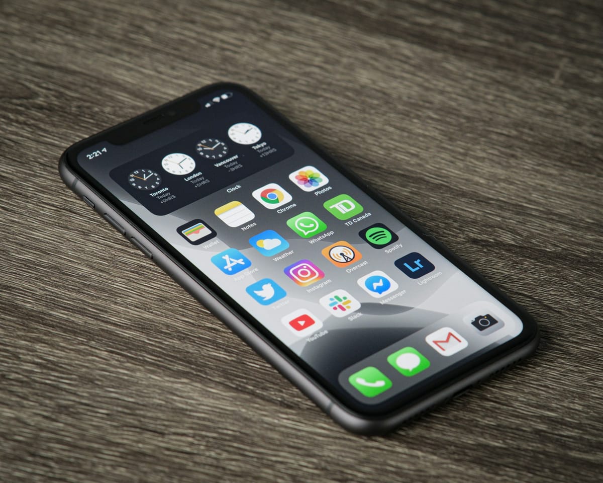 A smartphone with app icons lying on a wooden table