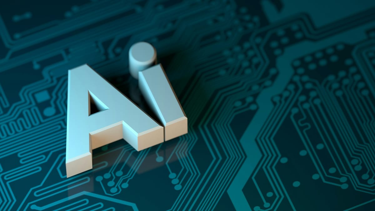 The letters AI in 3D on a circuit board