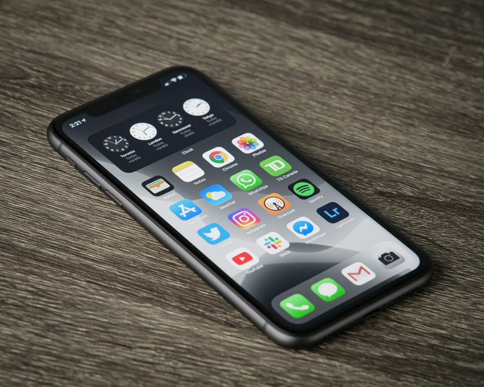 A smartphone with app icons lying on a wooden table